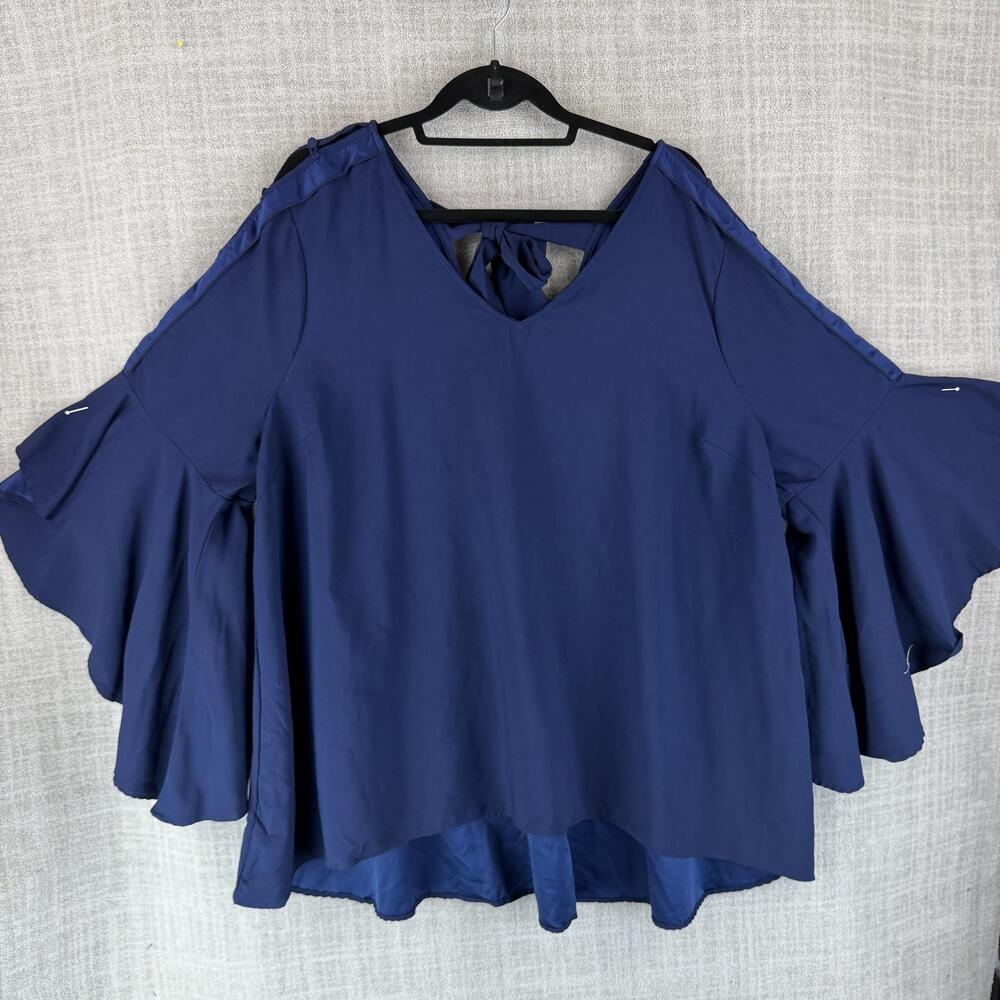 Lane Bryant Blouse Womens 22W Blue Tunic Flared Sleeve V-Neck Bow Ruffle
